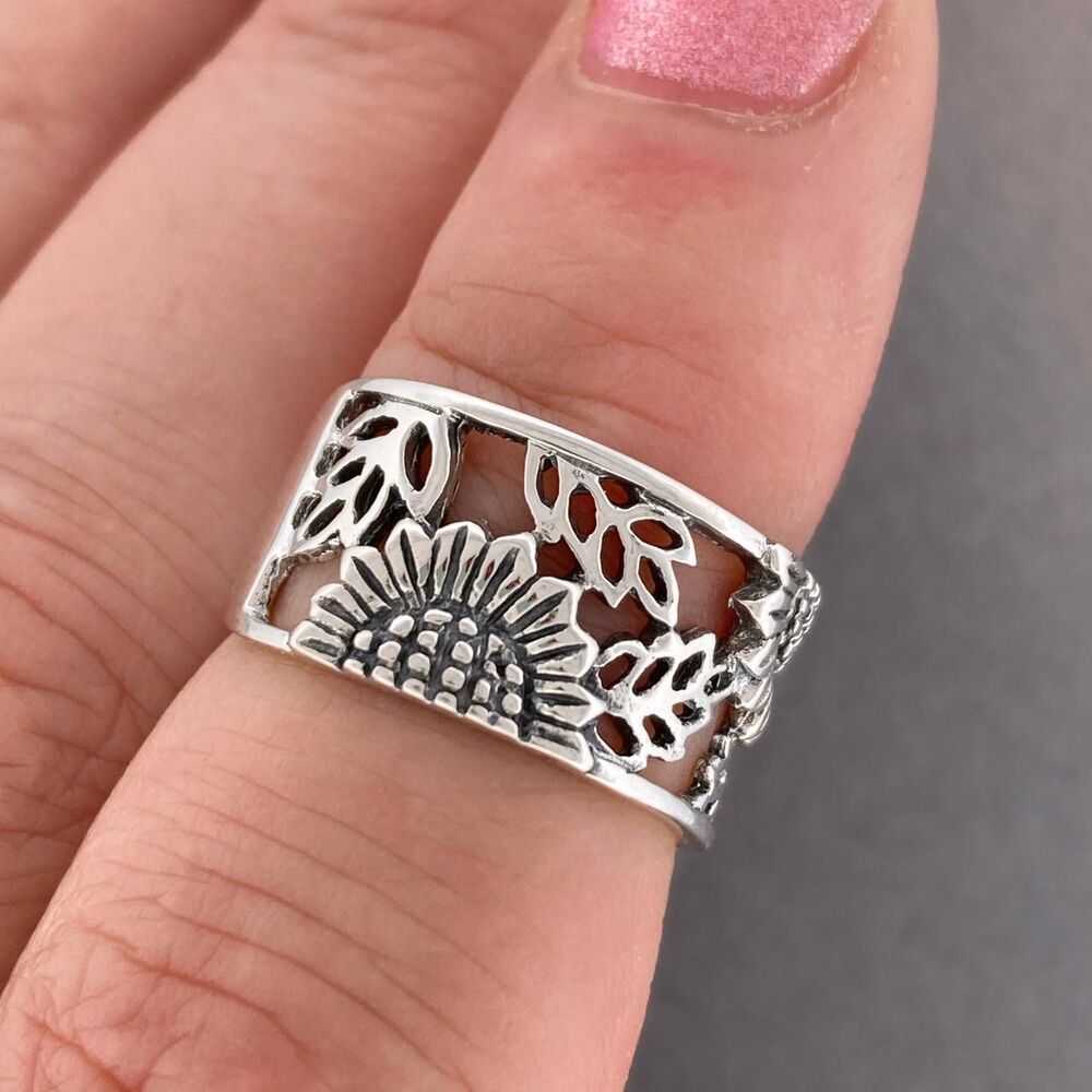 Sunflower Sterling Silver Wide Band Ring Sizes 4.5 - 8.5